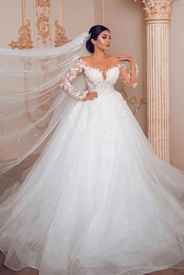 Bmbride Princess Tulle Long Sleeves Lace Wedding Dress