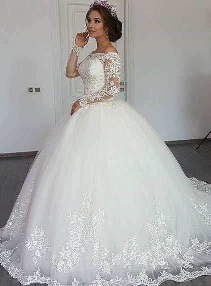 Bmbride Princess Wedding Dress with Off the Shoulder Appliques Lace and Beautiful Long Sleeves