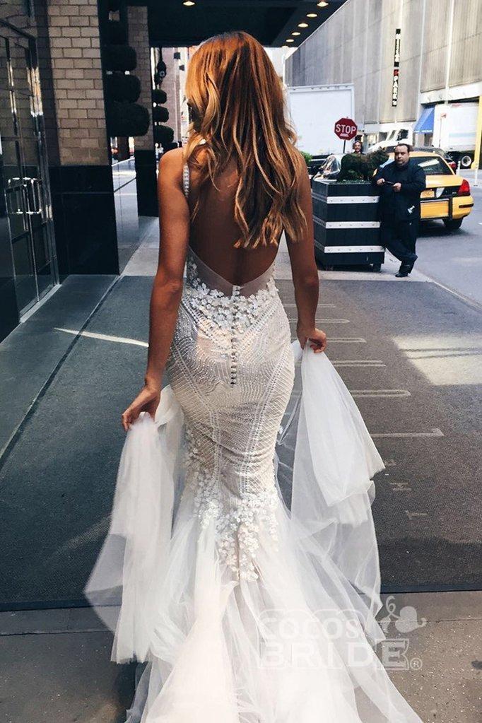 Bmbride Luxurious Deep V-neck Tulle Mermaid Wedding Dress