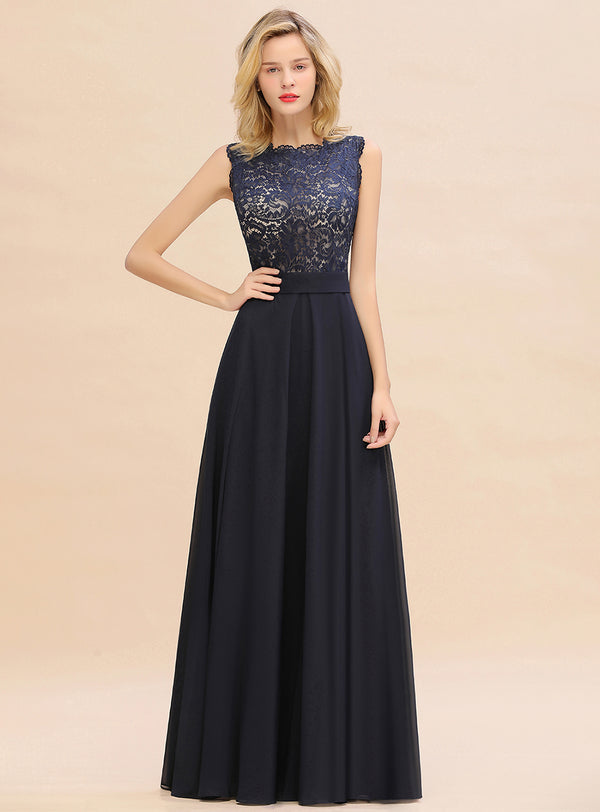 A-line Scoop Chiffon Lace Floor-Length Dress Dark Navy Koscy 1