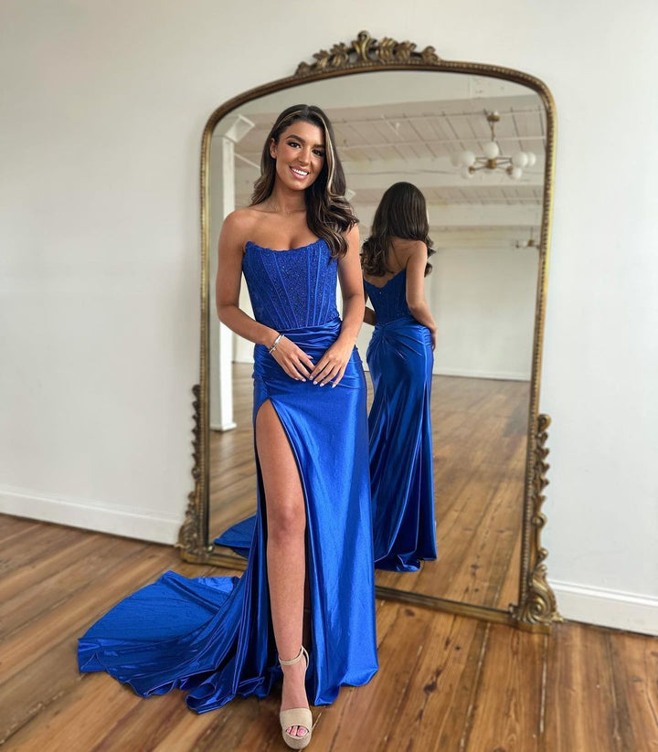 Fushcia Bateau Sleeveless Strapless Appliques Slit Prom Dress