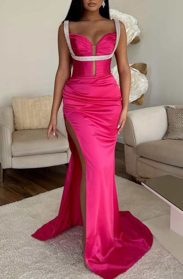 Fuchsia Mermaid Prom Dress with Spaghetti Straps High Slit V-Neck and Sleeveless