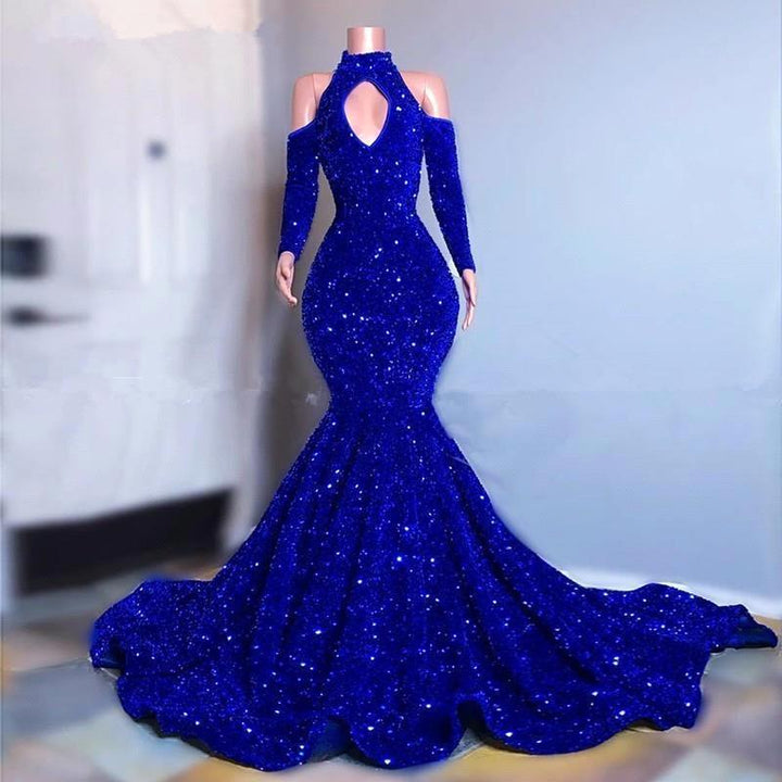 Sequin High Collar Royal Blue Mermaid Long Prom Dress with Long Sleeves