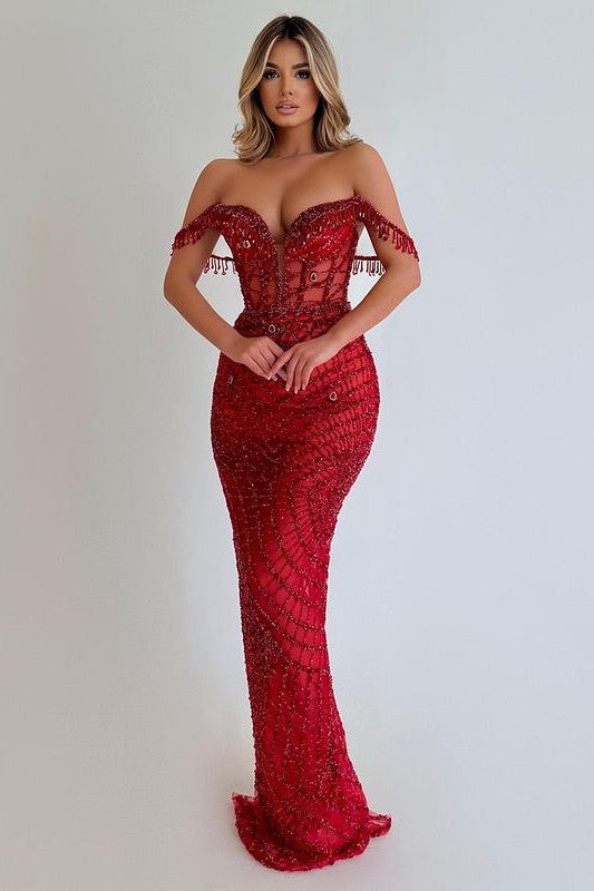 Red Sequin Prom Dress with Sleeveless Strapless Design and Long Tassel