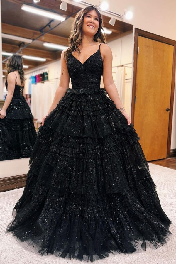 Black Tulle Prom Dress: V Neck Sleeveless Gown