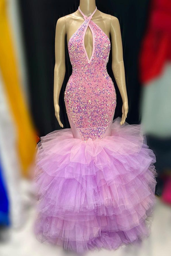 Sequins Mermaid Halter Sleeveless Tulle Prom Dress