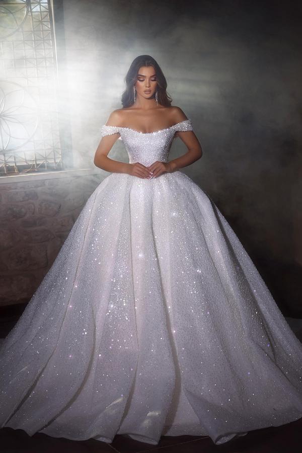 Bmbride Long Ball Gown Glitter Off the Shoulder Sequined Wedding Dresses