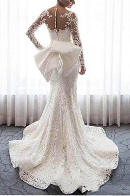 Bmbride Mermaid Wedding Dress with Long Sleeves Bowknot and Gorgeous Lace