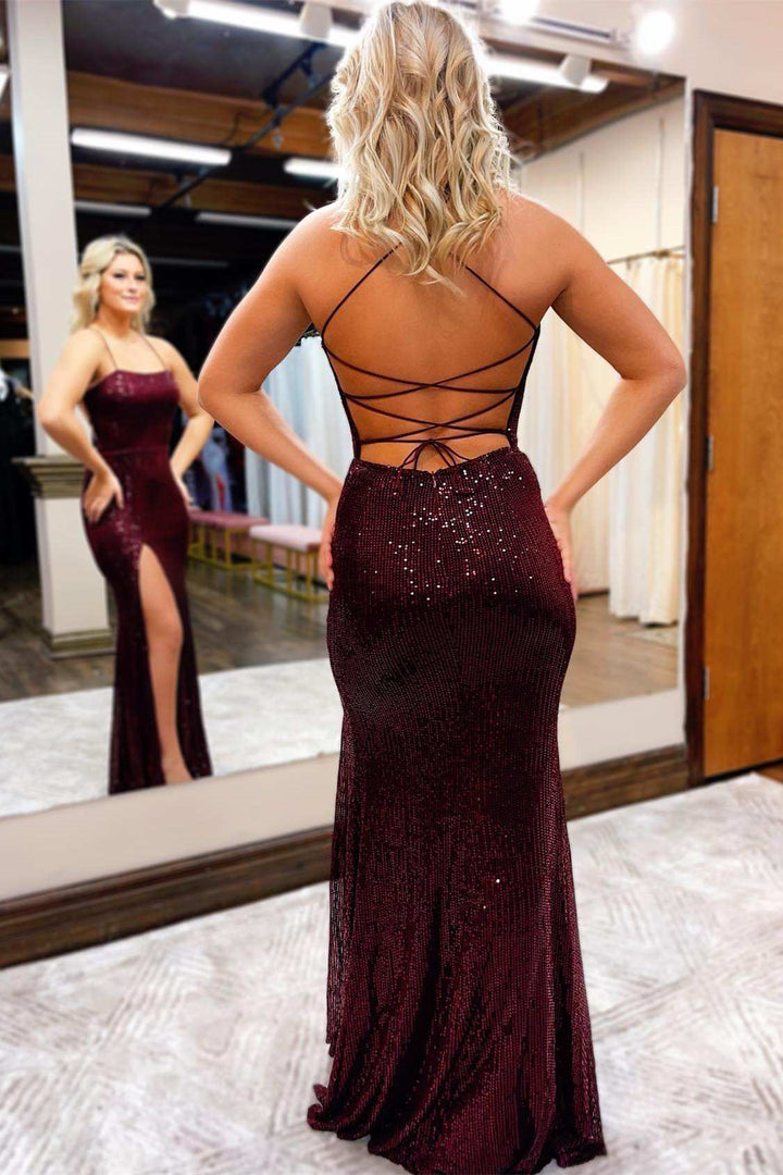 Gorgeous Spaghetti Strap Evening Dress Featuring Sequins Slit