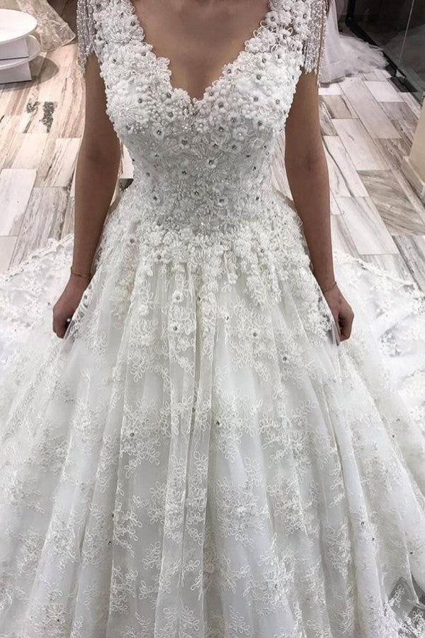 Bmbride A-Line Deep V-neck Appliques Lace Crystal Floor-length Wedding Dress