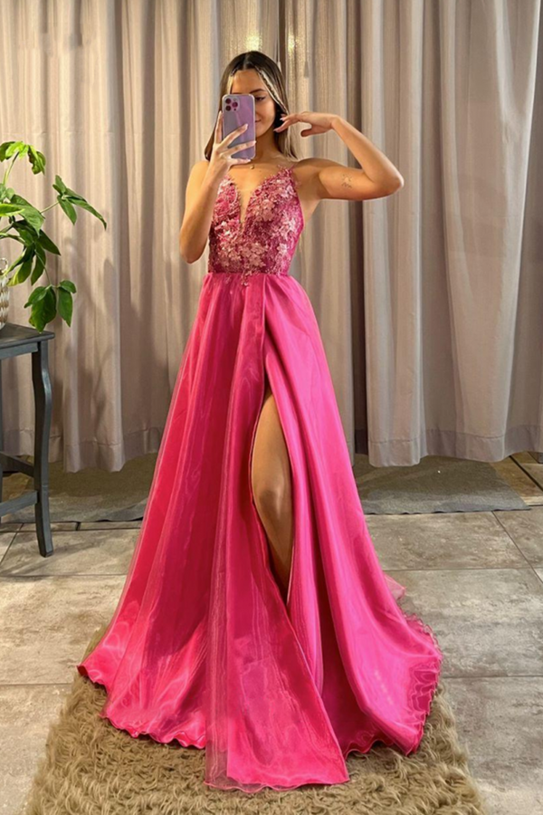 Pink Long Prom Dress with Slit A-Line V-Neck Lace Appliques