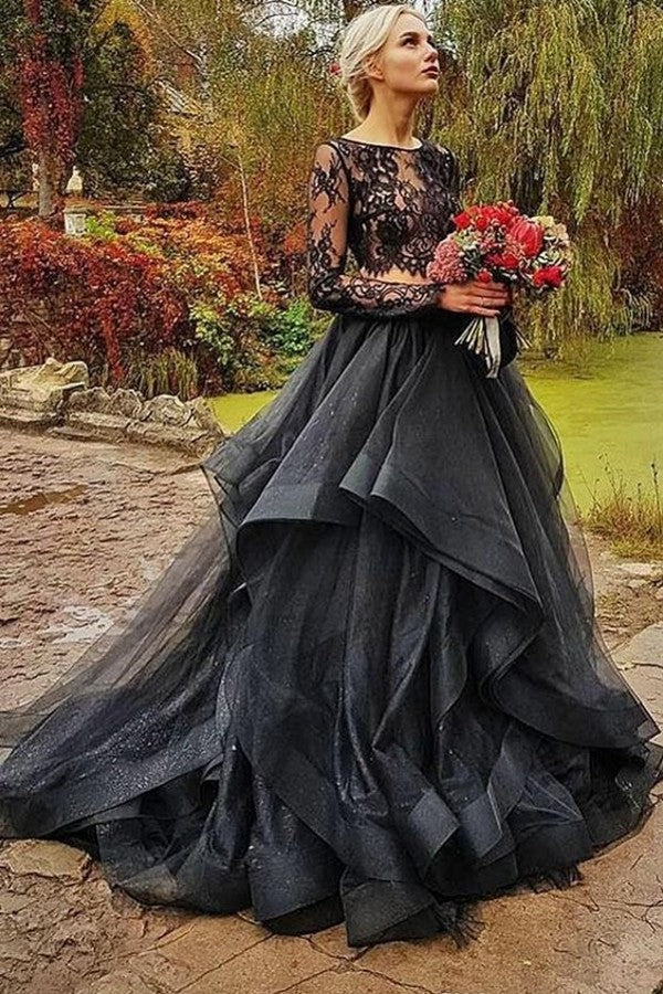 Bmbride Long Two Piece Tulle Lace Puffy Black Wedding Dress With Sleeves