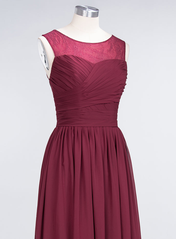 A-line Scoop Neck Ruched Chiffon Floor-Length Dress Burgundy Koscy 6