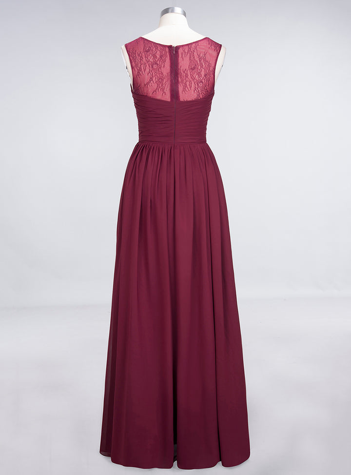 A-line Scoop Neck Ruched Chiffon Floor-Length Dress Burgundy Koscy 5