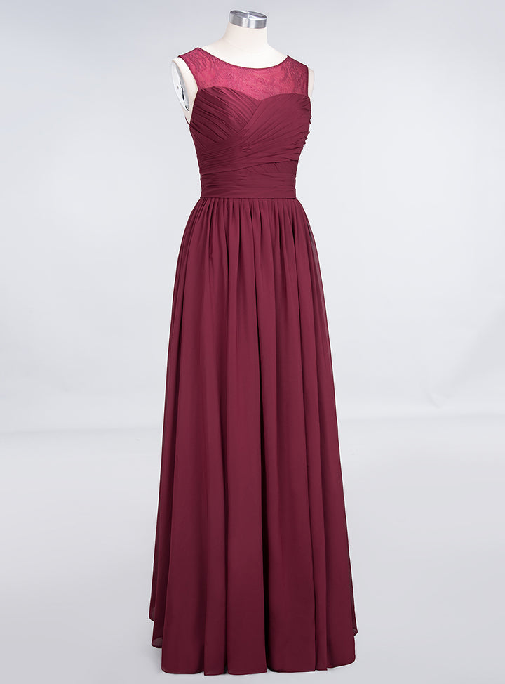 A-line Scoop Neck Ruched Chiffon Floor-Length Dress Burgundy Koscy 8