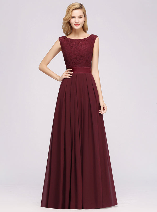 A-line Scoop Neck Sleeveless Lace Floor-Length Dress