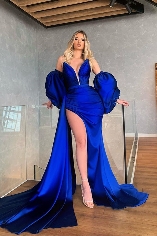 Mermaid Prom Dress with Slit - Royal Blue Removable Sleeves