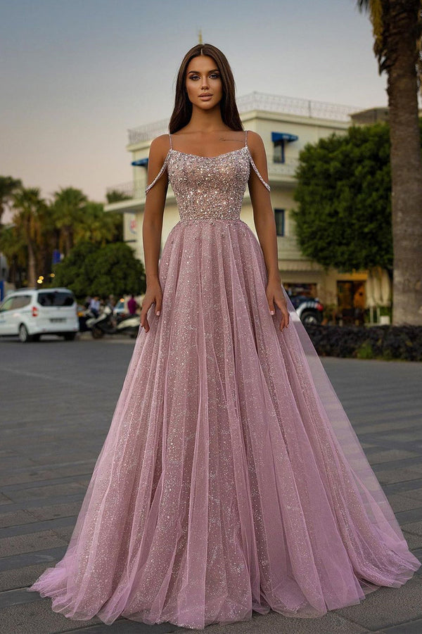 Tulle A-Line Long Prom Dress With Sequins Beads Featuring Spaghetti Straps