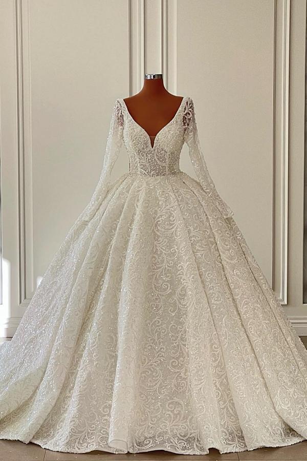 Bmbride V-neck Long Sleeves Floor Length Chapel Lace Wedding Dress