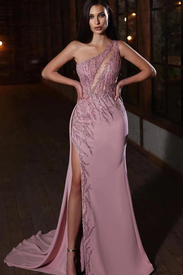 One-Shoulder Applique Prom Dress Mermaid Split