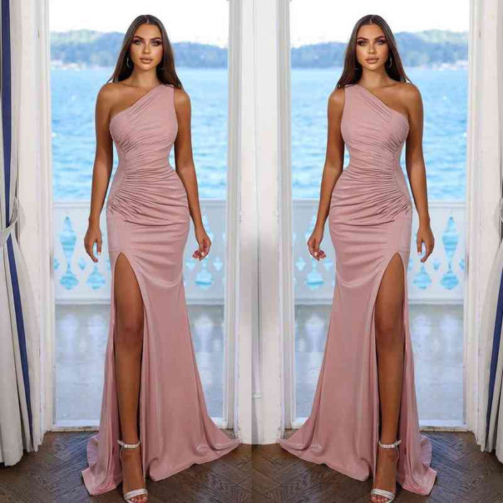 Charming Pink One-Shoulder Prom Dress with Pleated Split