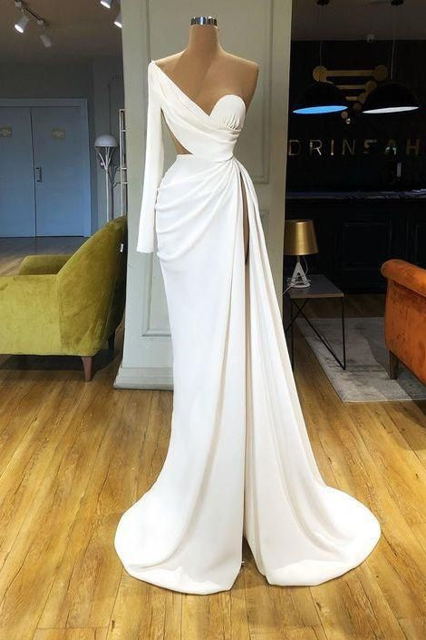 White One-Shoulder Long Sleeve Sweetheart Mermaid Prom Dress With Split