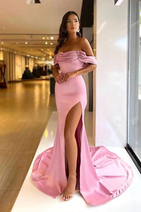 Off-The-Shoulder Beads Mermaid Prom Dress Long Split in Pink and Purple