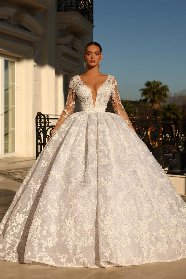 Bmbride V-neck Tulle Lace Appliques Backless Wedding Dresses with Long Sleeves