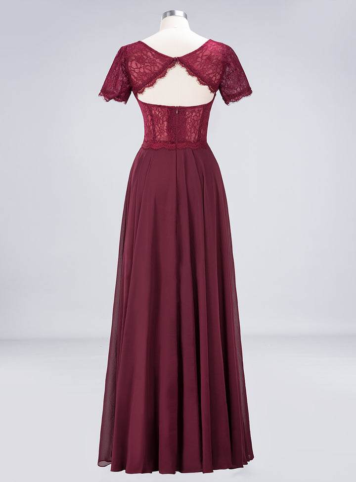 Burgundy A-line Short Sleeves Lace Floor-Length Dress Koscy 3