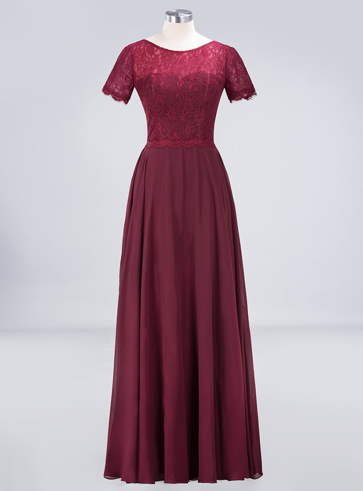 Burgundy A-line Short Sleeves Lace Floor-Length Dress Koscy 4