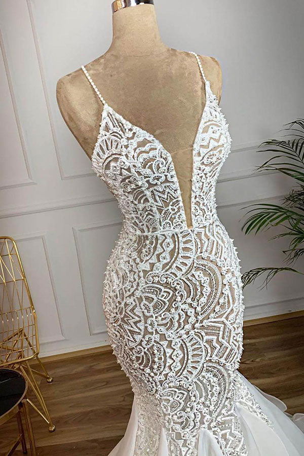 Bmbride Beaded Lace Organza Mermaid Wedding Dress