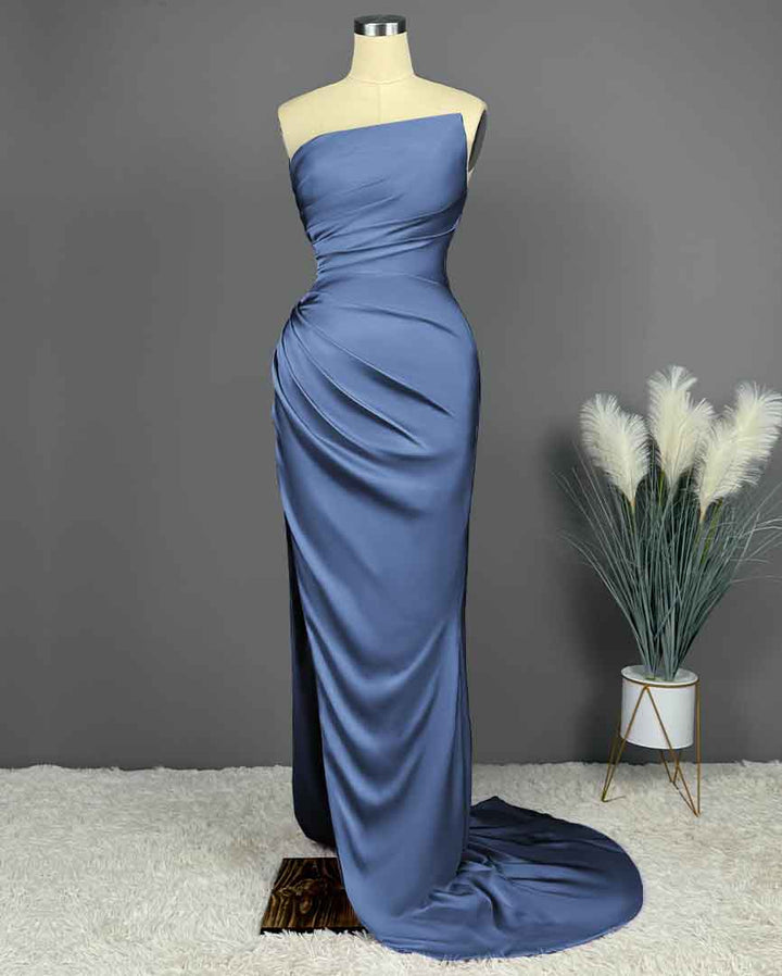 Koscy Prom Dress - Blue Sleeveless Charmeuse with High Slit Pleated