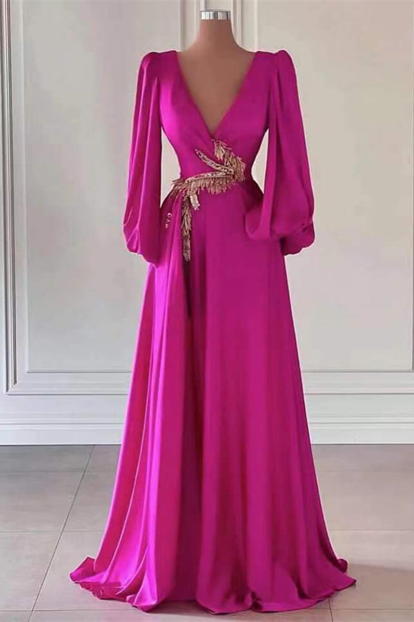 Elegant Fuchsia Long Sleeve A-Line V-Neck Prom Dress with Embellishments