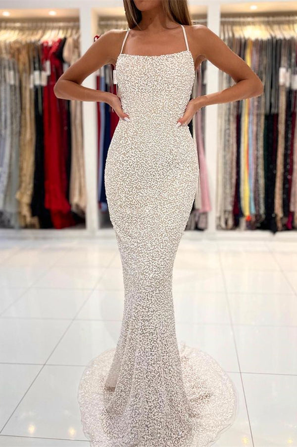 Spaghetti Straps Sequins Mermaid Strapless Prom Dress With Open Back