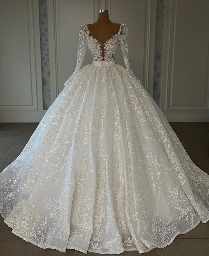 Bmbride Luxurious Long Ball Gown Sweetheart Lace Wedding Dress with Sleeves