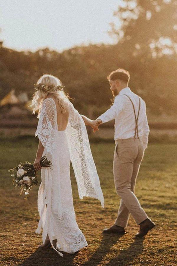 Bmbride Boho Ivory Wedding Dress with Batwing Sleeves and Rustic Lace Back