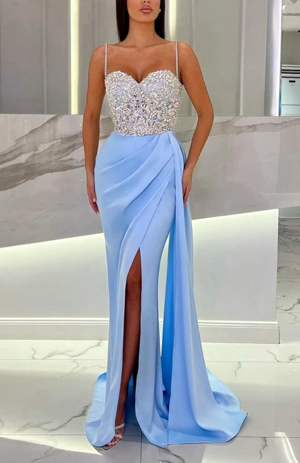 Baby Blue Prom Dress with High Slit Spaghetti Straps Sweetheart Appliques