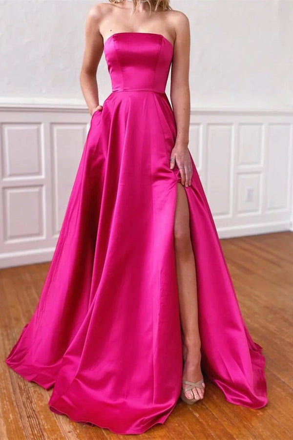 Strapless Fuchsia Prom Dress With Pockets and Side Split