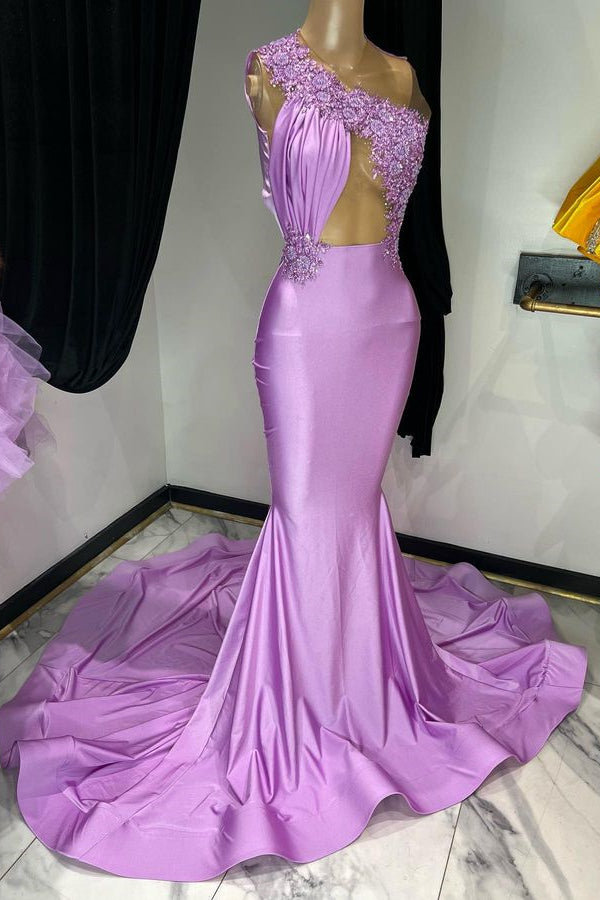 Purple Sleeveless One Shoulder Mermaid Prom Dress