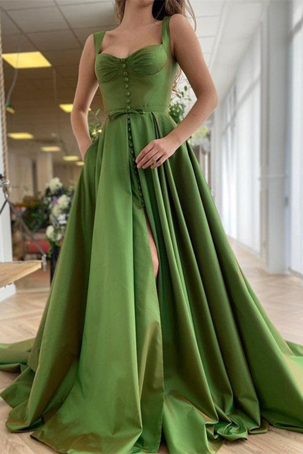 Sleeveless Prom Dress with Straps Buttons and Slit