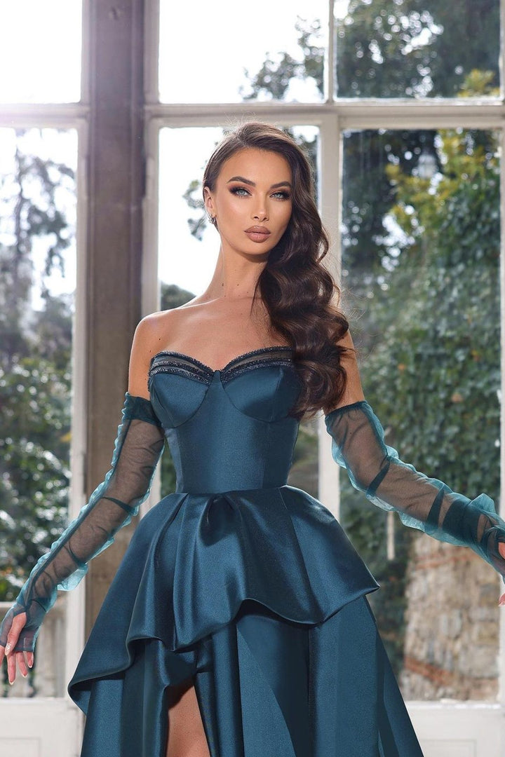 Ink Blue Prom Dress: Glamorous Half Sleeves Strapless Gown with High Slit