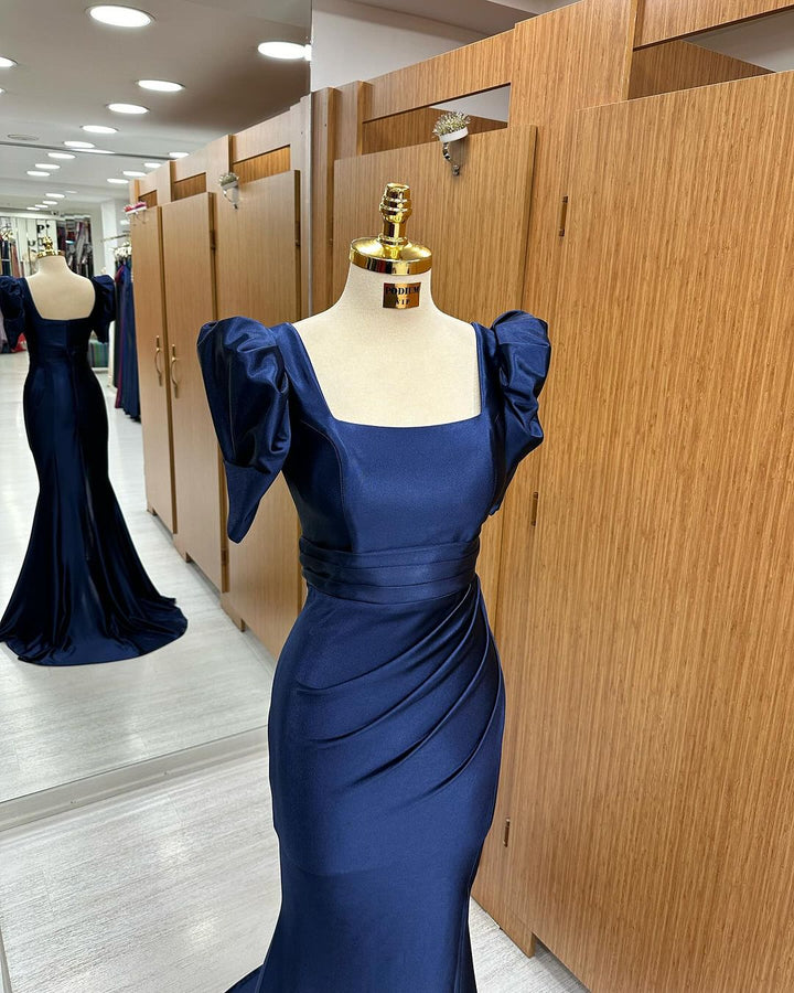 Long Royal Blue Mermaid Prom Dress with Bubble Sleeves and Square Neckline Slit