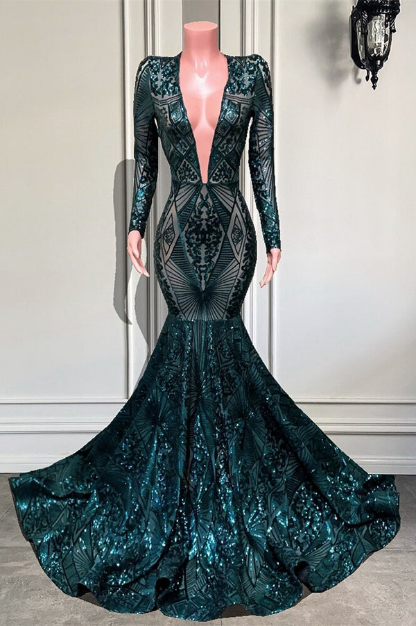 V-Neck Long Sleeves Sequins Lace Mermaid Prom Dress - Emerald