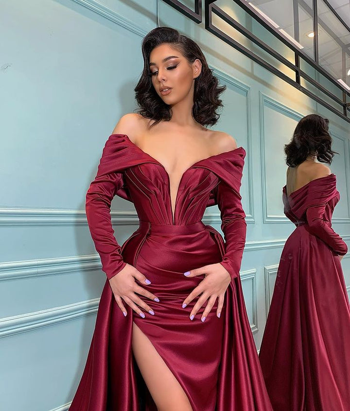 Burgundy Long Sleeves Evening Dress Mermaid