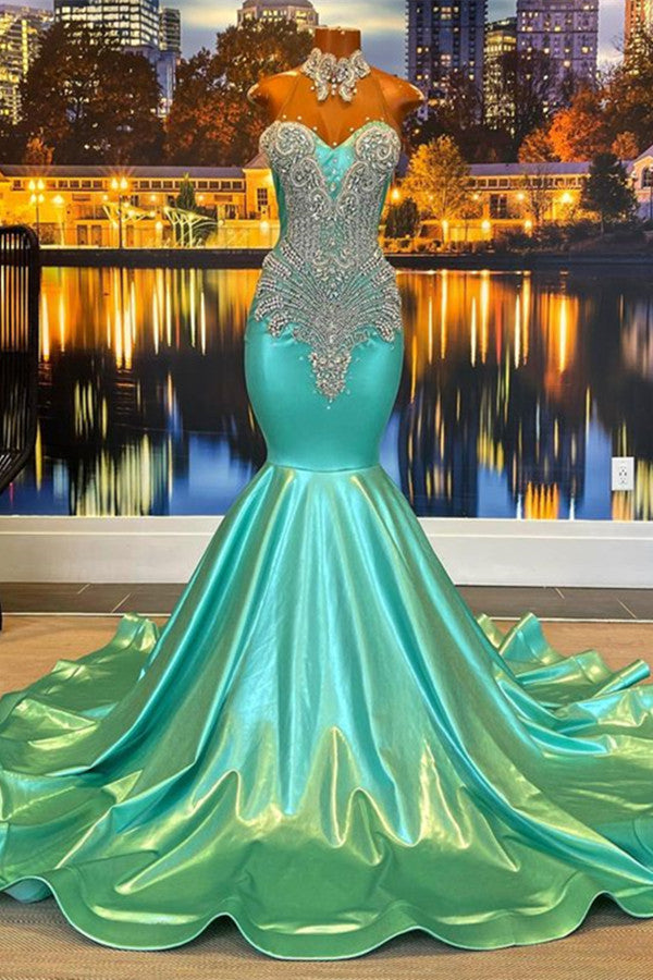 Mint Green Sleeveless Halter Evening Dress with Appliques