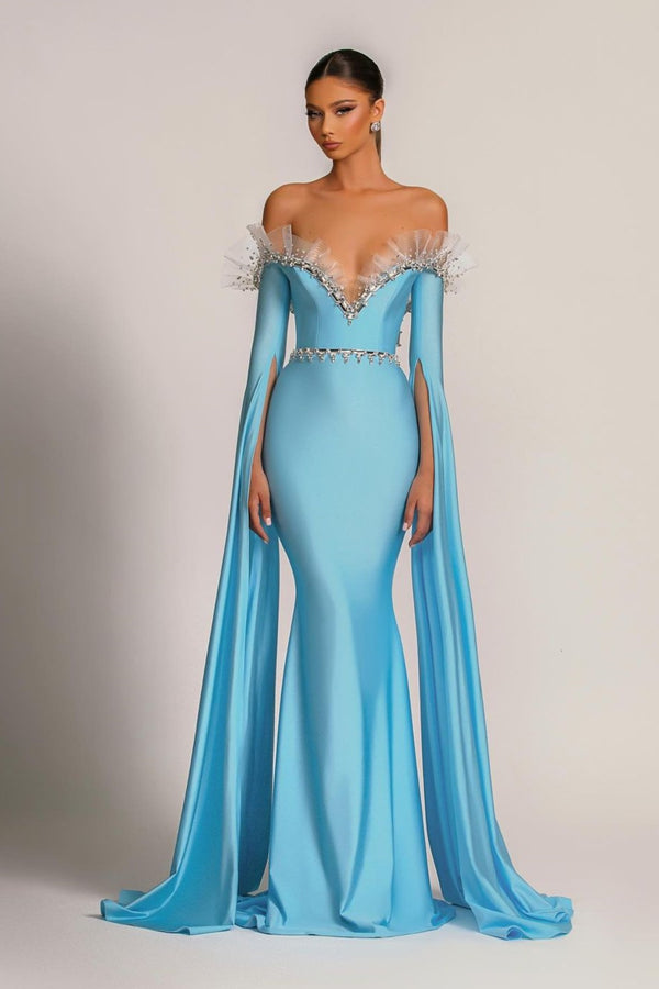 Evening Dress Baby Blue V Neck Long Sleeves Tulle Beadings