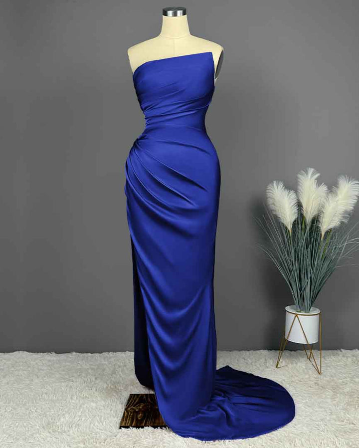 Koscy Prom Dress - Blue Sleeveless Charmeuse with High Slit Pleated