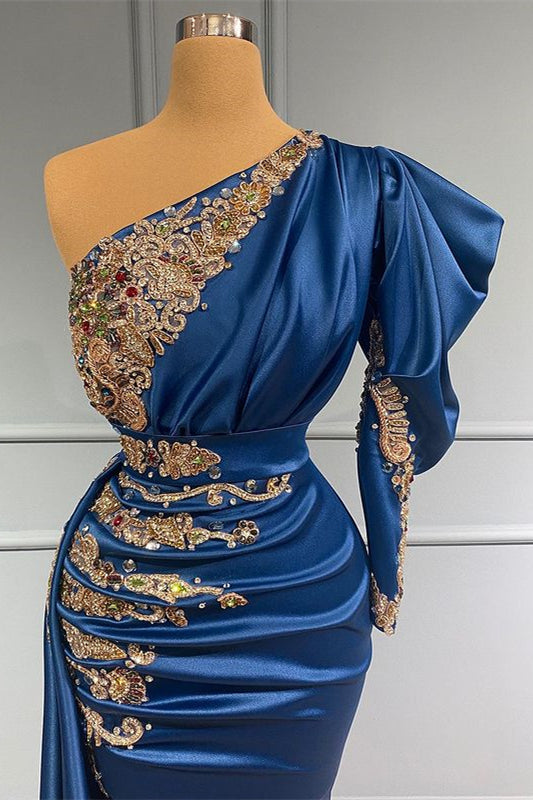 Long Royal Blue Mermaid Prom Dress with One-Shoulder Beadings