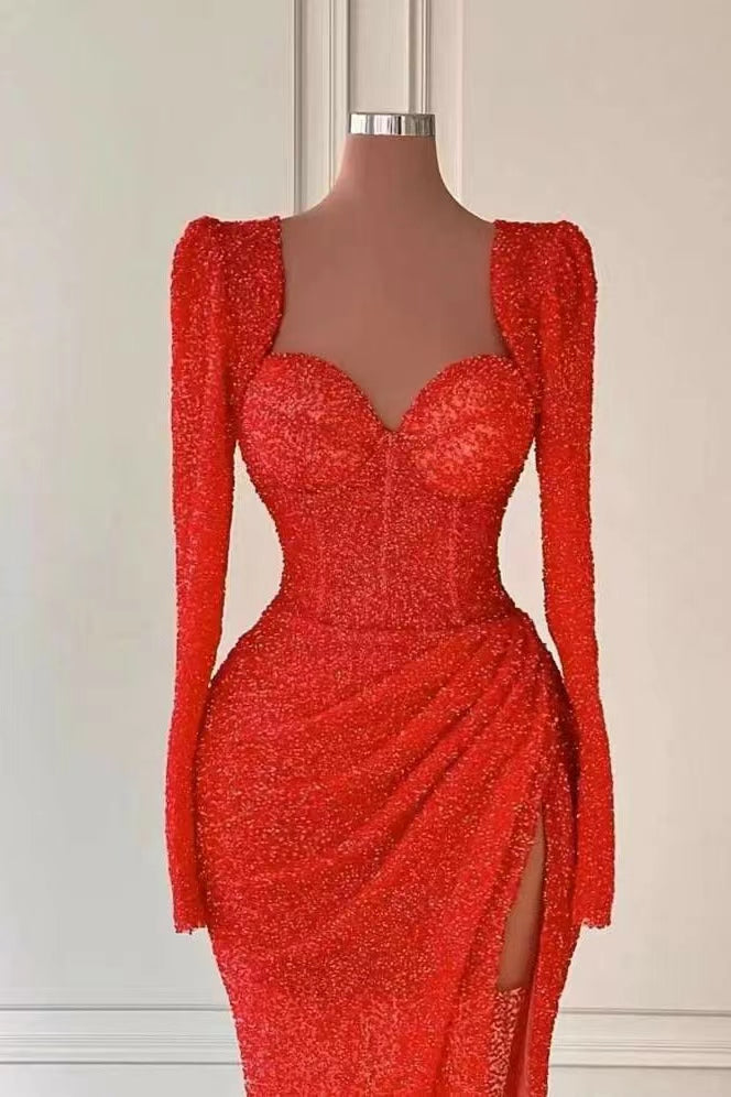 Sequins Mermaid Evening Dress With Split - Red Long Sleeves Sweetheart