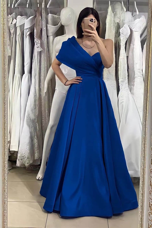 Elegant Royal Blue One Shoulder Sweetheart Evening Dress With Off-The-Shoulder